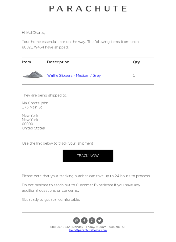 Parachute Purchase Email & Unboxing Experience - MailCharts